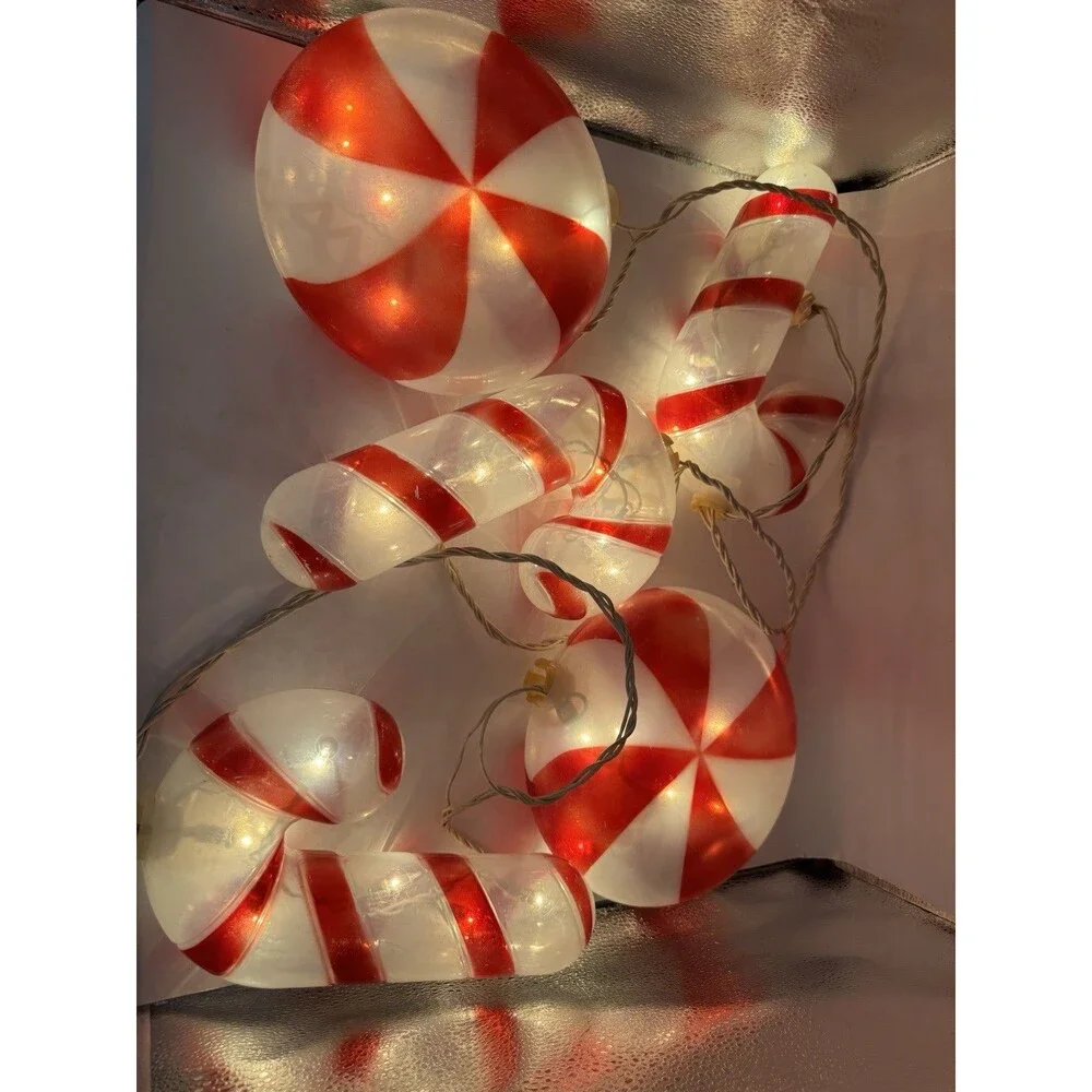 Blow Mold 15 Lighted Candy Canes & Peppermint Christmas Hanging String Lights